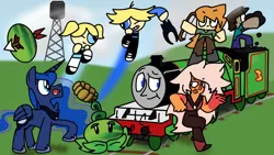 Size: 1280x720 | Tagged: safe, artist:erikschroth, derpibooru import, henry, princess luna, alicorn, human, pony, alex, boomer, bubble, crossover, food, henry the green engine, image, jasper, jpeg, minecraft, plants vs zombies, steve, steven universe, the powerpuff girls, thomas and friends, thomas the tank engine, watermelon