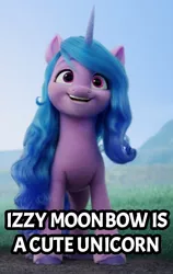 Size: 1076x1700 | Tagged: safe, derpibooru import, edit, edited screencap, screencap, izzy moonbow, pony, unicorn, my little pony: a new generation, cute, eyebrows, eyelashes, female, g5, horn, image, izzybetes, jpeg, long mane, mare, open mouth, smiling, solo, teeth, text, truth