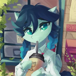 Size: 4096x4096 | Tagged: safe, artist:saxopi, derpibooru import, ponified, pegasus, pony, absurd resolution, clothes, colored pupils, complex background, drinking, drinking straw, drinking through a straw, ear fluff, eyebrows, eyebrows visible through hair, eyelashes, feminine stallion, genshin impact, green eyes, image, jpeg, looking at you, male, pigtails, plastic cup, shirt, sitting, smiling, solo, stallion, teeth, venti (genshin impact), white shirt
