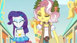 Size: 3410x1920 | Tagged: safe, derpibooru import, screencap, rarity, vignette valencia, equestria girls, equestria girls series, rollercoaster of friendship, bracelet, eyes closed, female, grin, hairpin, high res, image, jewelry, jpeg, rarity peplum dress, smiling