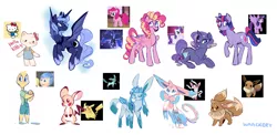 Size: 3600x1754 | Tagged: safe, artist:waackery, derpibooru import, pinkie pie, princess luna, rarity, twilight sparkle, twilight sparkle (alicorn), alicorn, earth pony, eevee, glaceon, pegasus, pikachu, pony, sylveon, unicorn, alternate cutie mark, bat wings, hello kitty (character), image, joy (inside out), pegasus pinkie pie, png, pokémon, race swap, raised hoof, redesign, sketch, tongue out, unicorn twilight, wings