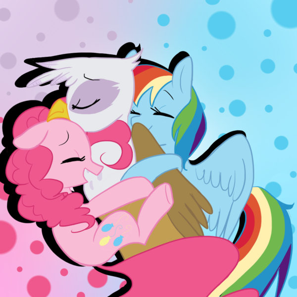 Size: 1024x1024 | Tagged: safe, artist:waackery, derpibooru import, gilda, pinkie pie, rainbow dash, earth pony, gryphon, pegasus, pony, the lost treasure of griffonstone, abstract background, eyelashes, eyes closed, female, friendship, gildapie, gildash, hug, image, lesbian, mare, png, shipping, smiling, wings