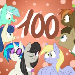 Size: 1024x1024 | Tagged: safe, artist:waackery, derpibooru import, bon bon, button mash, derpy hooves, doctor whooves, lyra heartstrings, octavia melody, sweetie drops, time turner, vinyl scratch, earth pony, pegasus, pony, 100, abstract background, female, hat, horn, image, male, mare, milestone, one eye closed, png, propeller hat, smiling, stallion, sunglasses, wings, wink