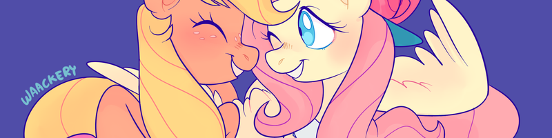 Size: 2400x600 | Tagged: safe, artist:waackery, derpibooru import, applejack, fluttershy, earth pony, pegasus, pony, appleshy, blue background, eyes closed, female, image, lesbian, mare, png, shipping, simple background, smiling