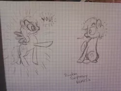 Size: 1280x960 | Tagged: safe, artist:zombietator, derpibooru import, oc, oc:claire, unofficial characters only, earth pony, pegasus, pony, duo, earth pony oc, female, graph paper, image, jpeg, lineart, mare, pegasus oc, raised hoof, surprised, traditional art, wide eyes, wings