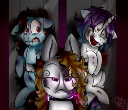 Size: 1200x1030 | Tagged: grimdark, artist:millefaller, derpibooru import, oc, unofficial characters only, alicorn, earth pony, pegasus, pony, alicorn oc, blood, bust, crying, earth pony oc, eyelashes, female, forced smile, horn, image, mare, mouth hold, pegasus oc, png, signature, smiling, suspended, syringe, wings