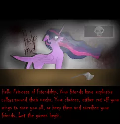 Size: 446x461 | Tagged: safe, artist:aonairfaol, derpibooru import, princess twilight 2.0, twilight sparkle, twilight sparkle (alicorn), alicorn, pony, the last problem, axe, crossover, crying, doll, female, horn, image, indoors, jigsaw, mare, older, older twilight, png, saw (movie), toy, weapon, wings