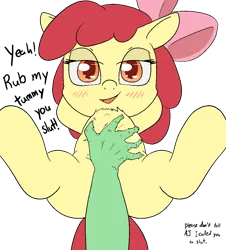 Size: 1000x1107 | Tagged: suggestive, artist:happy harvey, derpibooru import, apple bloom, oc, oc:anon, earth pony, pony, arm behind head, bellyrubs, blushing, bow, chest fluff, colored, colored pupils, dialogue, drawn on phone, female, filly, floppy ears, image, legs in air, lidded eyes, looking at you, lying down, offscreen character, on back, png, pov, simple background, slut, smug, spread legs, spreading, transparent background
