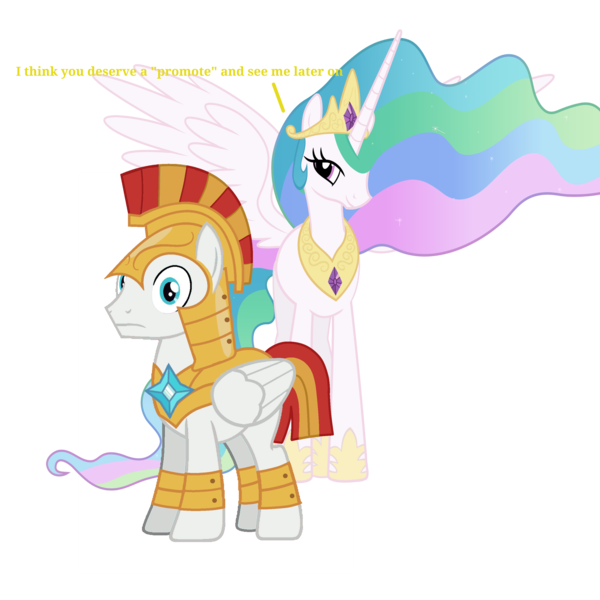 Size: 2900x2900 | Tagged: safe, artist:mihaaaa, artist:ngthanhphong, derpibooru import, princess celestia, oc, oc:cuddlelamb, alicorn, pegasus, pony, armor, image, male, png, royal guard, simple background, stallion, subtitles, surprised, transparent background