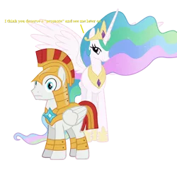 Size: 2900x2900 | Tagged: safe, artist:mihaaaa, artist:ngthanhphong, derpibooru import, princess celestia, oc, oc:cuddlelamb, alicorn, pegasus, pony, armor, image, male, png, royal guard, simple background, stallion, subtitles, surprised, transparent background