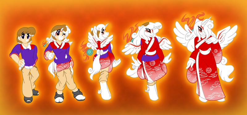 Size: 1500x700 | Tagged: safe, artist:akuoreo, derpibooru import, alicorn, anthro, unguligrade anthro, amaterasu, clothes, human to anthro, image, kimono (clothing), okami, png, transformation, transformation sequence