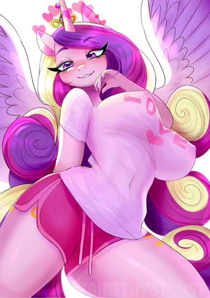 Size: 1600x2266 | Tagged: questionable, artist:amethystdust, princess cadance, alicorn, anthro, pony, background removed, belly button, big breasts, blushing, breasts, busty princess cadance, cameltoe, clothes, crown, female, heart, image, jewelry, lingerie, looking at you, low angle, mare, nipples, nudity, panties, partial nudity, png, regalia, see-through, simple background, solo, solo female, spread wings, transparent background, underwear, wings