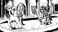 Size: 4256x2364 | Tagged: safe, artist:lexx2dot0, derpibooru import, fluttershy, oc, oc:blackjack, oc:hades, unofficial characters only, bat pony, pony, unicorn, fallout equestria, fallout equestria: project horizons, black and white, clon, fanfic art, grayscale, horn, image, monochrome, png, small horn