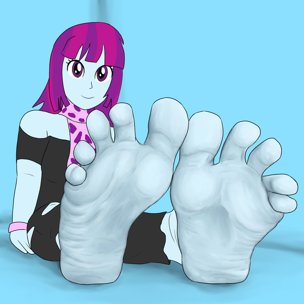 Size: 1280x1280 | Tagged: suggestive, artist:solecaliburn, derpibooru import, mystery mint, human, equestria girls, barefoot, feet, fetish, foot fetish, image, jpeg, sitting, smiling, soles, spreading, toes