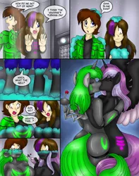 Size: 700x888 | Tagged: suggestive, artist:akuoreo, derpibooru import, oc, unofficial characters only, alicorn, anthro, pony, robot, robot pony, unguligrade anthro, unicorn, comic, female, human to anthro, image, kissing, lesbian, making out, mare, png, slime, transformation, transgender transformation