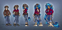 Size: 1200x588 | Tagged: safe, artist:akuoreo, derpibooru import, oc, unofficial characters only, anthro, classical unicorn, unguligrade anthro, unicorn, clothes, cloven hooves, female, human to anthro, image, leonine tail, male to female, pants, plaid shirt, png, ripped pants, rule 63, shirt, torn clothes, transformation, transformation sequence, transgender transformation, unshorn fetlocks