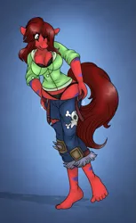 Size: 613x1000 | Tagged: suggestive, artist:akuoreo, derpibooru import, oc, oc:libby, unofficial characters only, anthro, earth pony, plantigrade anthro, pony, barefoot, breasts, cleavage, clothes, feet, female, image, jeans, mare, panties, pants, png, solo, thong, tight clothing, underwear