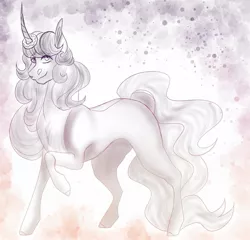 Size: 1772x1704 | Tagged: safe, artist:inisealga, derpibooru import, oc, oc:donut daydream, unofficial characters only, pony, unicorn, abstract background, commission, curved horn, donut, female, food, gradient background, horn, image, jpeg, mare, sketch, solo, unicorn oc