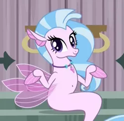 Size: 731x712 | Tagged: safe, derpibooru import, edit, edited screencap, screencap, king sombra, silverstream, seapony (g4), school daze, belly button, castle of the royal pony sisters, cropped, cute, diastreamies, door, female, image, jewelry, looking at you, necklace, pearl necklace, png, seapony silverstream, shrug, shrugpony, sitting, solo, stairs, that pony sure does love stairs