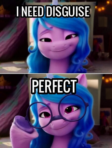 Size: 1268x1684 | Tagged: safe, derpibooru import, edit, edited screencap, screencap, izzy moonbow, pony, unicorn, my little pony: a new generation, spoiler:g5, caption, disguise, female, g5, glasses, hoof hold, horn, image, jpeg, mare, meme, paper-thin disguise, smiling, solo, text, unshorn fetlocks