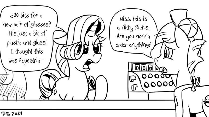 Size: 1200x675 | Tagged: safe, artist:pony-berserker, derpibooru import, rarity, oc, unnamed oc, cash register, fast food restaurant, image, jpeg, pony-berserker's twitter sketches, speech bubble, vent art