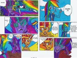 Size: 3200x2400 | Tagged: safe, artist:karadeg, derpibooru import, rainbow dash, sci-twi, sunset shimmer, twilight sparkle, equestria girls, comic, daydream shimmer, derpibooru exclusive, image, jpeg, midnight sparkle, traditional art