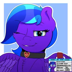 Size: 2000x2000 | Tagged: safe, artist:h3nger, derpibooru import, oc, oc:flugel, pegasus, pony, collar, female, horny on main, image, mare, one eye closed, png, solo, wink