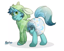 Size: 3186x2560 | Tagged: safe, artist:fluffyxai, derpibooru import, oc, oc:minty breeze, pony, unicorn, bashful, blushing, clothes, diaper, diaper fetish, fetish, hoodie, image, looking at you, png, poofy diaper, smiling