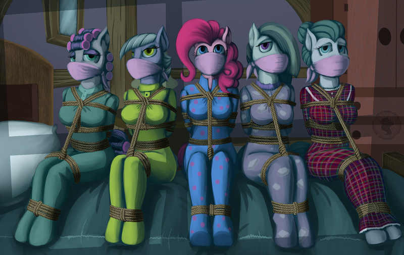 Size: 1785x1126 | Tagged: suggestive, artist:quakehoof, derpibooru import, cloudy quartz, limestone pie, marble pie, maud pie, pinkie pie, anthro, earth pony, unguligrade anthro, arm behind back, bed, bedroom, bondage, bound and gagged, box tied, breast bondage, breasts, clothes, cloth gag, dubious consent, footed sleeper, gag, image, jpeg, looking at you, on bed, pajamas, pie family, rope, rope bondage, shibari, sitting on bed