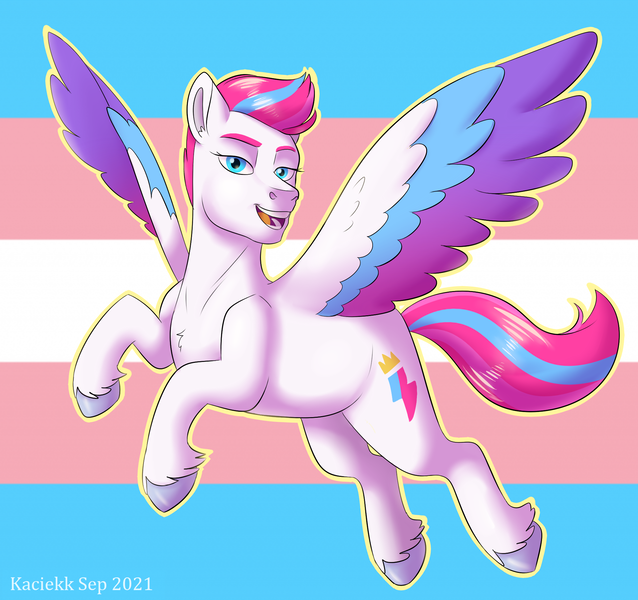 Size: 2000x1880 | Tagged: safe, artist:kaciekk, derpibooru import, zipp storm, pegasus, pony, female, flag, flag background, g5, image, png, pride, pride flag, solo, spread wings, transgender, transgender pride flag, wings