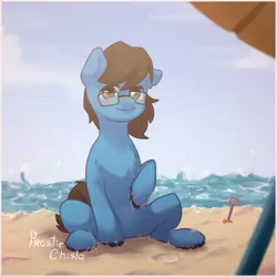 Size: 2000x2000 | Tagged: safe, artist:prostiechisla, derpibooru import, oc, oc:daudaen, unofficial characters only, beach, glasses, image, male, ocean, png, sand, solo