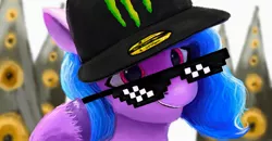 Size: 2048x1067 | Tagged: safe, artist:dummyhorse, derpibooru import, izzy moonbow, pony, unicorn, deal with it, g5, image, jpeg, looking at you, mlg, mlg glasses, monster energy, monster energy hat, solo, speakers, sunglasses