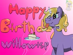 Size: 1600x1200 | Tagged: safe, artist:gray star, derpibooru import, oc, oc:willowisp, unicorn, :p, balloon, birthday, cake, derpibooru exclusive, fangs, food, image, png, tongue out