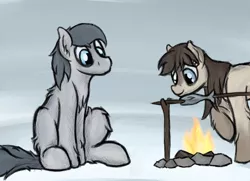Size: 1482x1075 | Tagged: safe, artist:ahorseofcourse, edit, ponybooru import, oc, oc:frosty flakes, oc:silver sword, unofficial characters only, fish, pony, taiga pony, /mlp/, blaze (coat marking), campfire, chest fluff, coat markings, cooking, duo, female, fluffy, food, hornless edit, image, looking at each other, male, mare, meat, png, ponies eating fish, ponies eating meat, sitting, snow, socks (coat marking), stallion
