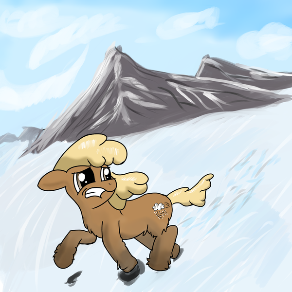 Size: 3000x3000 | Tagged: safe, artist:anonymous, ponybooru import, pony, taiga pony, /mlp/, chest fluff, coat markings, ears, female, floppy ears, fluffy, image, looking at something, looking back, mare, mountain, png, running, scared, snow, socks (coat marking)