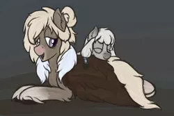 Size: 1500x1000 | Tagged: safe, artist:ahorseofcourse, derpibooru import, ponerpics import, oc, oc:arctic ink, oc:bundle up, unofficial characters only, pony, taiga pony, blanket, clothes, coat, cuddling, cute, duo, eyes closed, female, filly, image, lidded eyes, looking back, lying down, mare, open mouth, open smile, png, prone, sleeping, sleepy, smiling