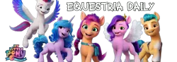 Size: 1000x350 | Tagged: safe, derpibooru import, hitch trailblazer, izzy moonbow, pipp petals, sunny starscout, zipp storm, earth pony, pegasus, unicorn, equestria daily, my little pony: a new generation, banner, female, g5, image, looking at you, male, mane five (g5), my little pony: a new generation logo, png, simple background, transparent background