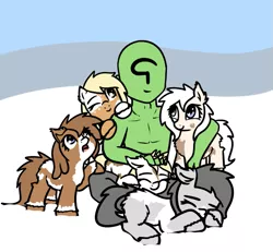 Size: 757x698 | Tagged: safe, artist:neuro, ponybooru import, oc, oc:anon, oc:puffins, unofficial characters only, human, pony, taiga pony, /mlp/, chest fluff, cuddle pile, ear fluff, ears, female, fluffy, image, looking at someone, looking at you, mare, one eye closed, piebald, png, sleeping, snow, unshorn fetlocks