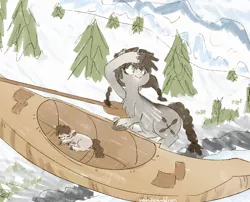 Size: 868x701 | Tagged: safe, artist:tilling-tan, derpibooru import, ponerpics import, oc, oc:river bed, oc:still lake, unofficial characters only, pony, taiga pony, boat, canoe, duo, female, filly, foal, image, kayak, mare, oar, png, sleeping, snow, tree