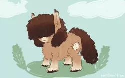 Size: 677x423 | Tagged: safe, artist:tilling-tan, derpibooru import, ponerpics import, oc, oc:winter coat, unofficial characters only, pony, taiga pony, cloud, female, fluffy, hair covering face, hair over eyes, image, mare, png, solo, unshorn fetlocks