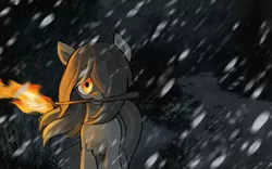 Size: 3363x2093 | Tagged: safe, artist:marbo, ponerpics import, oc, oc:crackling fire, unofficial characters only, pony, taiga pony, /mlp/, blizzard, creepy, dark, female, forest, image, looking at you, mare, png, snow, snowfall, solo, torch, tree
