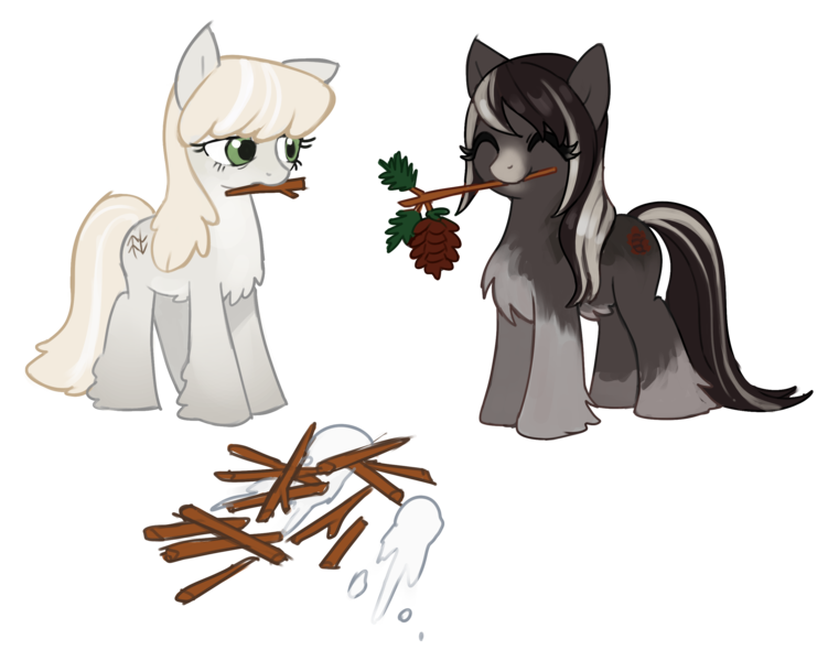 Size: 2723x2176 | Tagged: safe, artist:marbo, ponerpics import, oc, oc:forest ken, oc:pine ponder, unofficial characters only, pony, taiga pony, duo, female, image, mare, pinecone, png, simple background, solo, stick, transparent background