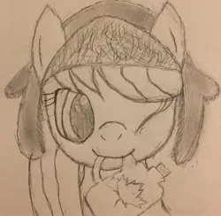Size: 3016x2946 | Tagged: safe, artist:anonymous, ponybooru import, oc, oc:maple maven, unofficial characters only, pony, taiga pony, /mlp/, bust, female, hat, image, jpeg, looking at you, maple leaf, maple syrup, mare, monochrome, one eye closed, portrait, solo, traditional art, ushanka, wink