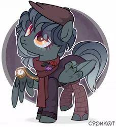 Size: 1040x1140 | Tagged: safe, artist:arina-gremyako, derpibooru import, oc, oc:nikki knack, unofficial characters only, pegasus, pony, badge, bus, clothes, coat, facial hair, female, flat cap, hat, image, jpeg, london, mare, moustache, pin, pocket watch, raised leg, scarf, socks, solo, stockings, thigh highs, union jack