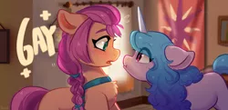 Size: 3694x1787 | Tagged: safe, artist:colorfulcolor233, derpibooru import, edit, izzy moonbow, sunny starscout, earth pony, pony, unicorn, my little pony: a new generation, spoiler:g5, spoiler:my little pony: a new generation, chest fluff, g5, image, implied izzyscout, implied lesbian, implied shipping, open mouth, png, scene interpretation, staring contest, text edit