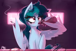 Size: 3065x2061 | Tagged: safe, artist:nevobaster, derpibooru import, oc, oc:delta vee, unofficial characters only, pegasus, pony, alcohol, bar, beer, cigarette, drinking, female, females only, glasses, image, mare, mascara, night, png, sitting, smoking, wing hands, wing hold, wings, younger