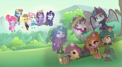 Size: 899x497 | Tagged: safe, artist:lillianlover2007, derpibooru import, applejack, fluttershy, hitch trailblazer, izzy moonbow, luster dawn, pinkie pie, pipp petals, rainbow dash, rarity, sunny starscout, twilight sparkle, twilight sparkle (alicorn), zipp storm, alicorn, earth pony, human, pegasus, pony, unicorn, applejack's hat, cowboy hat, female, g5, gacha, gacha life, hat, horn, horned humanization, humanized, image, male, mane five (g5), mane six, mare, png, ponied up, stallion, tree, winged humanization, wings