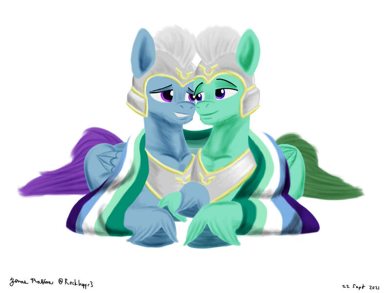 Size: 1024x768 | Tagged: safe, artist:rockhoppr3, derpibooru import, pegasus, pony, armor, g5, gay, gay pride flag, guard, helmet, image, jpeg, looking at each other, male, peytral, pride, pride flag, royal guard, thunder (g5), unshorn fetlocks, zoom zephyrwing