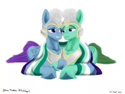 Size: 1024x768 | Tagged: safe, artist:rockhoppr3, derpibooru import, pegasus, pony, armor, g5, gay, gay pride flag, guard, helmet, image, jpeg, looking at each other, male, peytral, pride, pride flag, royal guard, thunder (g5), unshorn fetlocks, zoom zephyrwing