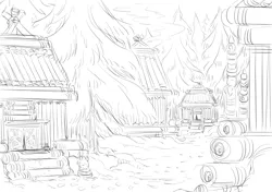 Size: 2508x1764 | Tagged: safe, artist:snspony, black and white, building, carving, grayscale, house, image, log cabin, /mlp/, monochrome, no pony, png, scenery, sketch, smoke, snow, spruce, totem pole, tree, village